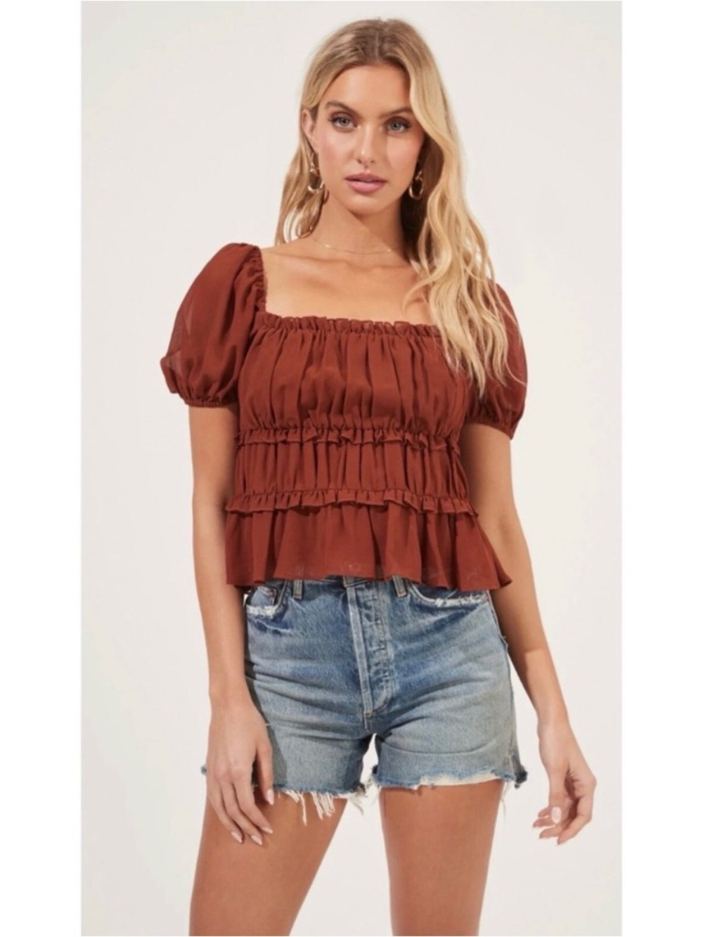 ASTR the label Smocked Square-Neck Peasant Top - Brick Red